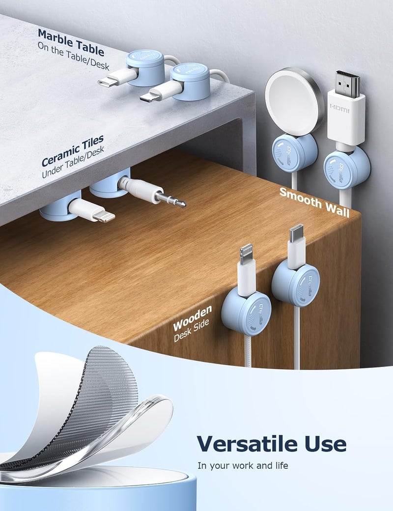 Chfeila 9 Pack Cord Organizer, [360°Rotating Twist-Lock] Magnetic Cable Management Clips, Adhesive Phone Charging Keeper Wire Cord Holder for Nightstand/Car/Wall, Office Desk Accessories Decor (Blue) - Image 5
